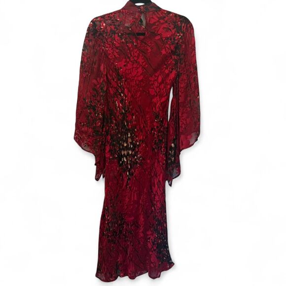 Simply Silk Red Floral Burnout Kimono Midi Dress Size S Sheer Y2K Fairy Grunge - Picture 5 of 8
